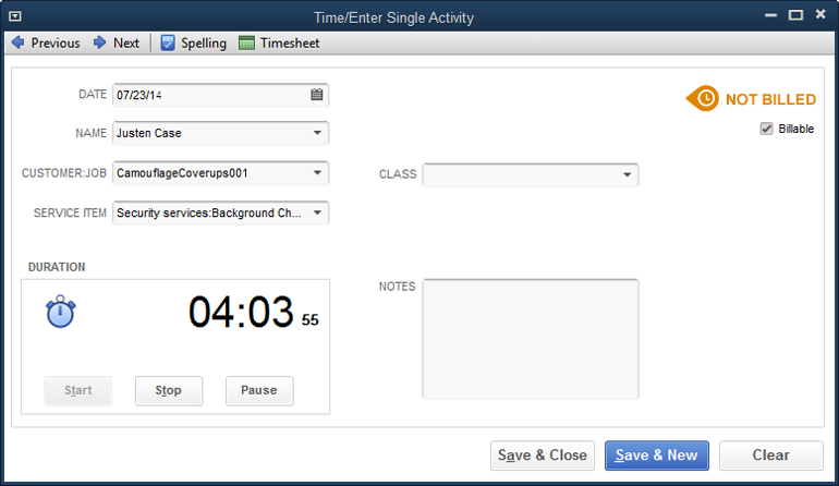 To time your current activity, the Date field has to be set to today, since you can’t run a stopwatch for work performed on a different day. To start timing, click the Start button, which is grayed out here. You’ll see the seconds that are passing to the right of the Duration box (where it says “55” here) to show that QuickBooks is timing your work. To pause the stopwatch, click Pause; click Start to start timing again. When you finish the task, click Stop. As long as the stopwatch isn’t timing, you can edit the time by typing the time you want.