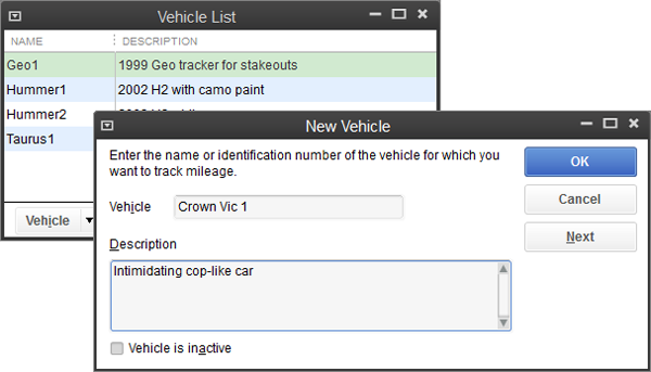 QuickBooks doesn’t want to know much about company vehicles. All you have to do is give the vehicle a name. If you like, you can add details in the Description box.After you click OK, the vehicle takes its place in the Vehicle List (shown in the background here).