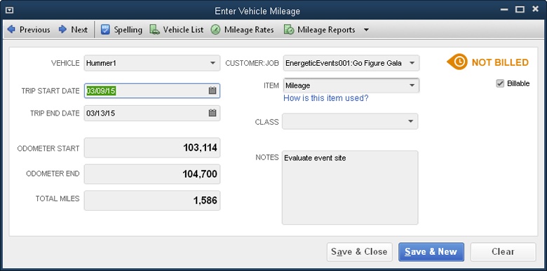 If you usually forget to check your starting mileage, you can ignore the Odometer Start and Odometer End boxes entirely. Instead, in the Total Miles box, type the mileage you drove, such as 1,586 for a 1,586-mile trip for your customer. You can type the mileage with or without commas (1,586 or 1586).