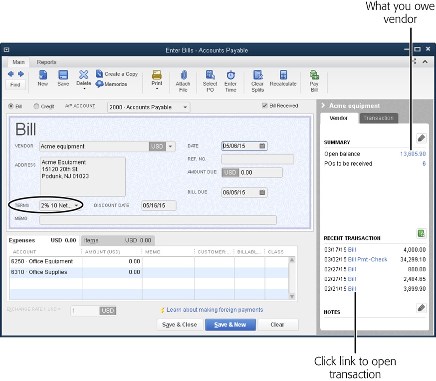 The Terms field (circled) shows the payment terms from the vendor’s record (page 84). If you haven’t assigned payment terms to a vendor, you can do so right in the Enter Bills window by simply clicking the Terms field’s down arrow and choosing from the drop-down list that appears. When you save the bill, QuickBooks asks if you want the new terms to appear the next time. The program is asking whether you want to save the terms to the vendor’s record; click Yes.