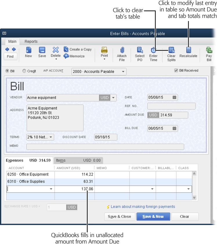 If you change the value in the Amount Due box, QuickBooks doesn’t automatically adjust the values on the Expenses and Items tabs to match. To make the program modify the last entry amount so that the Amount Due and the total on the tabs are the same, click Recalculate at the top of the window.If you change a value in one or more Amount cells, click Recalculate to update the Amount Due.