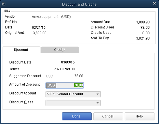 In the “Discount and Credits” dialog box, QuickBooks automatically selects the Discount tab and displays your payment terms, the discount date, and the amount of discount you deserve.If the suggested discount is worth an early separation from your money, click Done to deduct the discount from your bill. Otherwise, click Cancel.If you also want to work on credits (page 200), then when you’re done modifying the discount, click the Credits tab.