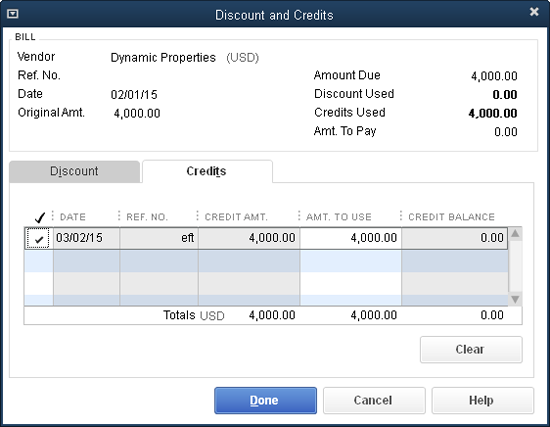 On the “Discount and Credits” dialog box’s Credits tab, click a credit’s checkmark cell to toggle between applying the credit and removing it from the bill.When you click Done here, QuickBooks updates the Pay Bills window’s Credits Used value to show the amount of credit applied to the bill, and the Amt. To Pay value to reflect the amount you have to pay based on applied discounts and credits.