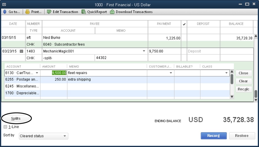 To allocate a check to multiple accounts or to specify a customer, job, or class in the check register, click the Splits button (circled) to open the panel shown here so you can assign them. If you modify the value in the Payment cell or any values in the Amount cells, click Recalc to change the check payment amount to the total of the splits.