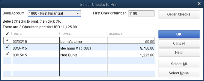 The first time you print checks, QuickBooks sets the First Check Number box to 1. If necessary, change this number to match the one on the first check loaded in your printer.