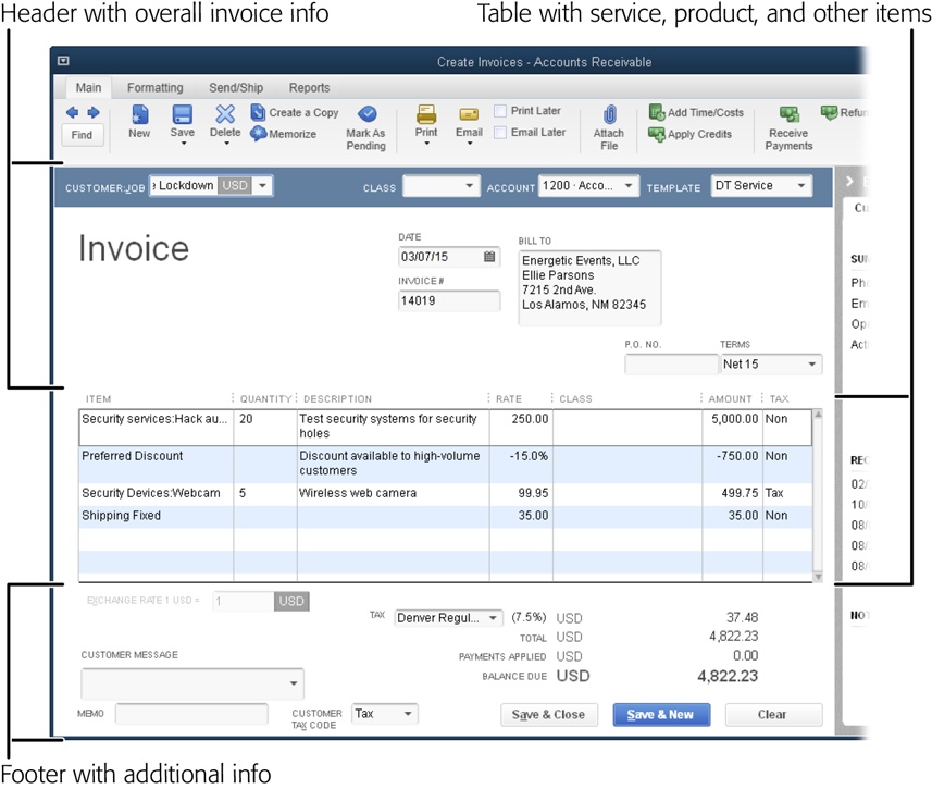 The top of the invoice has overall sale information, such as the customer and job, the invoice date, who to bill and ship to, and the payment terms. The table in the middle has info about the products and services sold, and other items, such as subtotals and discounts. Below the table, QuickBooks fills in the Tax field and the Customer Tax Code field with values from the customer’s record, but you can change any values that the program fills in. You can also add a message to the customer, choose your send method, or type a memo to store in your company file.