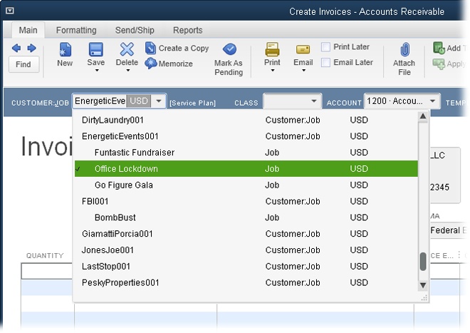 If you work on different jobs for a customer, click the name of the job, which is indented under the customer’s name. If your work for a customer doesn’t relate to jobs, just click the customer’s name.The column to the right of the customer and job names provides another way to differentiate customers and jobs: It displays “Customer:Job” for a customer entry, and “Job” for a job entry.