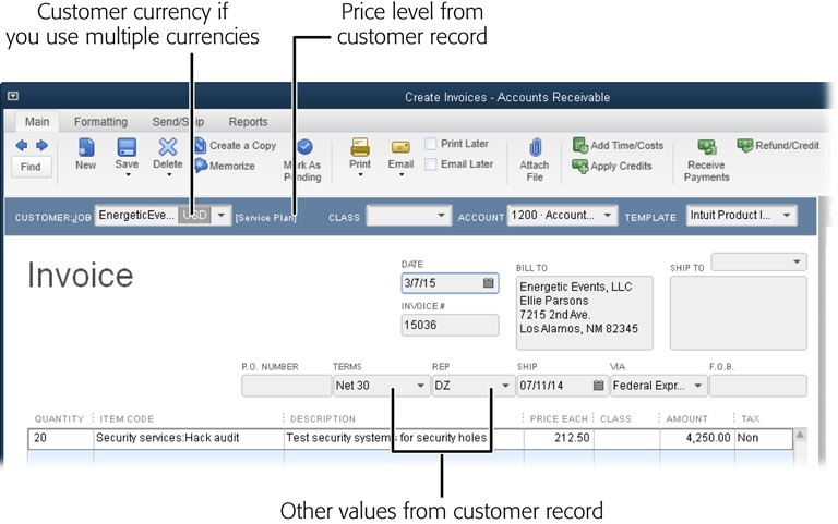 After you choose a customer, if you’ve assigned a price level to that customer’s record (page 77), the name of the price level appears in brackets next to the Customer:Job field. You can change the customer’s price level by editing the customer’s record (page 86), or you can choose existing price levels to change the price you charge as you add items to the invoice (see the box on page 235).
