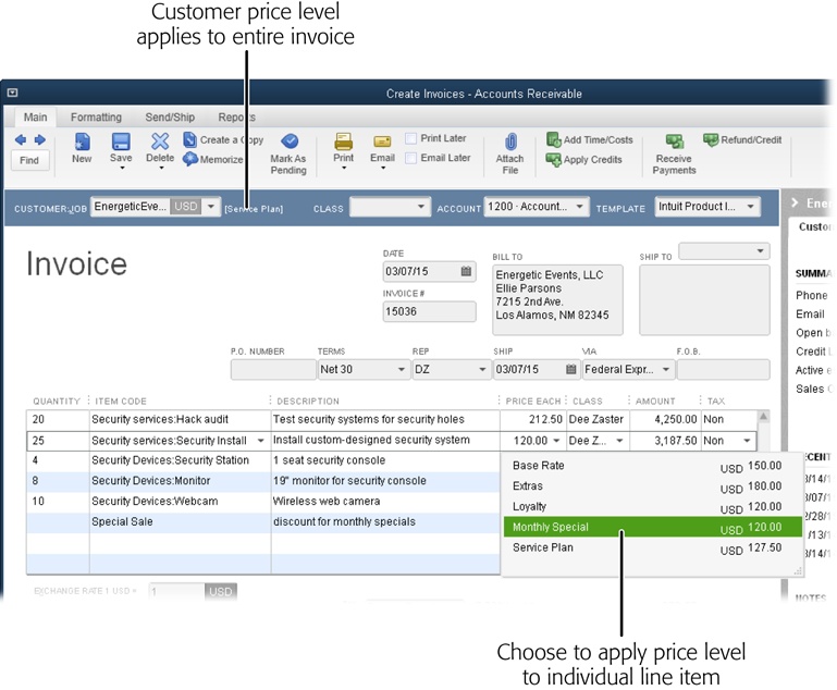 To apply a price level to a single item, click the Price Each (or Rate) field for the item that’s on special.When QuickBooks displays a down arrow in that field to indicate that a drop-down list is available, click the arrow, and then choose the price level you want.