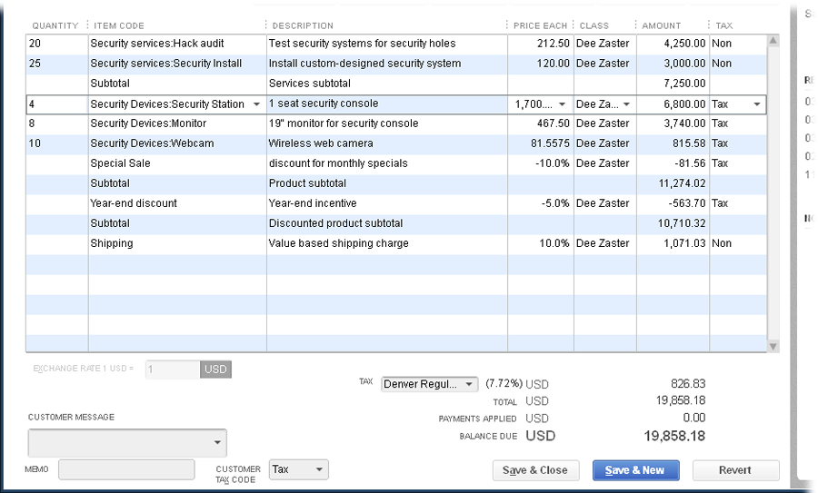 In the Intuit Product Invoice template, the Quantity column comes first. After you choose an item, make sure to check the value in the Amount cell. If the number looks too large or small, the quantity you entered might not match the item’s units. For example, if you charge for developing training materials by the hour but charge for teaching a training class by the day, the quantity for developing training materials has to be in hours and the quantity for teaching in days.