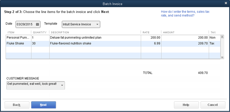Fill in the items for the batch invoice as you do the line items in the Create Invoices window. (The exact fields you see in the table depend on the invoice template you’re using.)