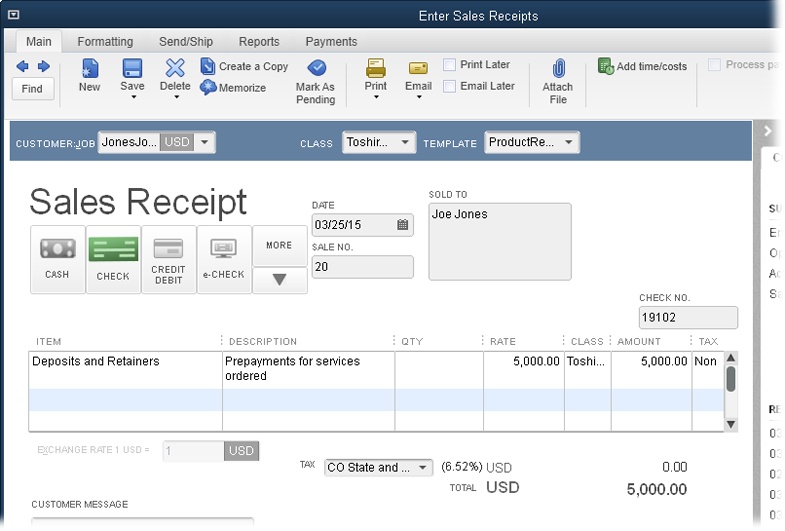 The Prepayment item you created is linked to an Other Current Liability account, so when you add this item to a sales receipt, QuickBooks posts the payment as money owed to your customer. The payment doesn’t show up as income until you include it on an invoice, which you’ll learn how to do in the next section.