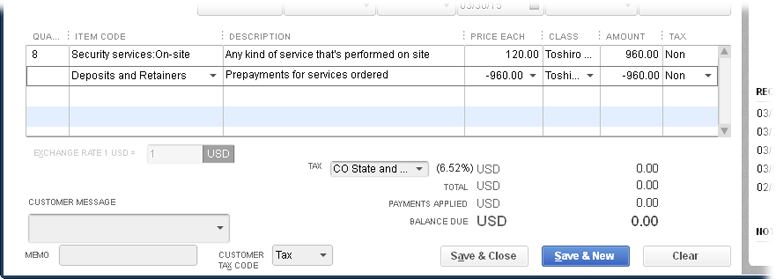 In the first row’s Amount cell, enter the amount of the deposit you’re keeping as a positive number. Then, in the Amount cell for the prepayment (the second row), type a negative number, which makes the invoice’s balance zero and deducts the deposit from the prepayment liability account, so you no longer “owe” the customer that money.