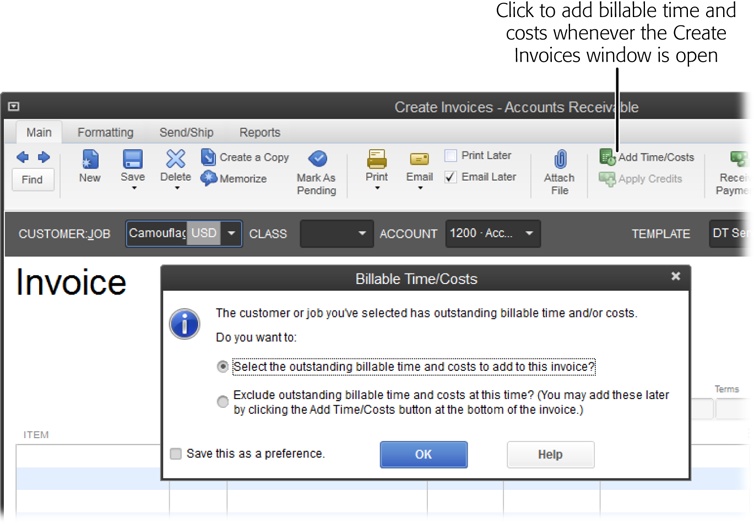 To add billable time and costs that haven’t been billed to an invoice, keep the option that begins with “Select” selected in this dialog box. If you don’t want to bill that time and cost yet, select the option that begins with “Exclude.”You can add time and expenses anytime by clicking the Add Time/Costs button at the top of the Create Invoices window.