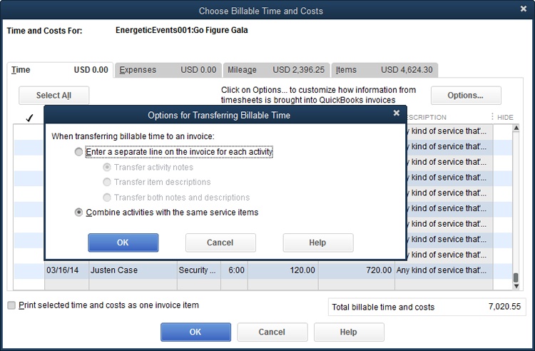 On the “Choose Billable Time and Costs” dialog box’s Time tab (background), click the Options button to tell QuickBooks how to handle different activities. In the “Options for Transferring Billable Time” dialog box (foreground), the program automatically selects the setting that displays the total hours for each Service item. Choose the other setting if you want QuickBooks to add a separate line for each activity (to show the hours worked each day, for instance); with each activity on its own line, you can transfer activity descriptions, notes, or both to the invoice.