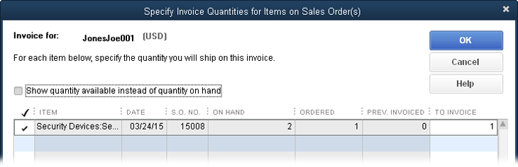 This dialog box lists each item on the sales order and shows how many you have in stock. QuickBooks automatically fills in the To Invoice column with the number of items on hand because you usually invoice for only the products you can ship, but you can edit the quantity if you want to invoice the customer for the full order.