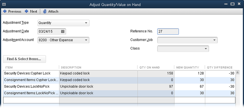 Typing a negative number in a regular inventory item’s Qty Difference cell reduces the number of regular inventory items on hand, so you have fewer to sell directly to your customers. A positive number in a consignment inventory item’s Qty Difference cell increases the number of consignment inventory items on hand—at your consignees’ locations.