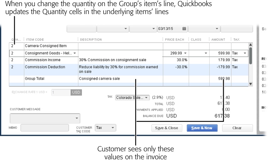 When you record an invoice or sales receipt for consigned items, QuickBooks decreases the number of consignment items you have in your inventory. The Group item also takes care of recording your portion of the sales revenue in your income account and the consignor’s portion in the liability account you use to track what you owe consignors.