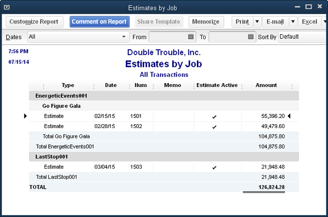 If you have too many estimates to find the right one by clicking the Create Estimate window’s Previous and Next arrows, try running the Estimates by Job report.This report includes an Estimate Active column, which contains a checkmark if the estimate is active. Double-click anywhere in a line to open that estimate in the Create Estimates window.