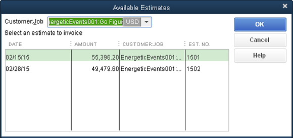 To keep your customer happy, be sure to choose the estimate that she accepted. The Available Estimates dialog box shows the date, amount, and estimate number. Usually, Amount is the field you use to choose the agreed-upon estimate.