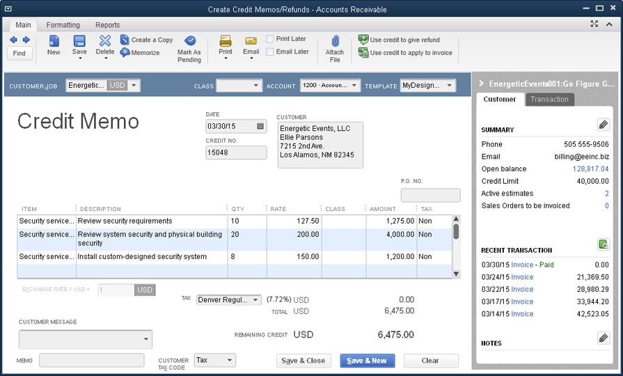 A credit memo looks a lot like an invoice, except that the items you add represent money flowing from you to the customer instead of the other way around. Don’t enter negative numbers—QuickBooks takes care of calculating the money due based on the value of the items.The right side of the Create Credit Memos/Refunds window displays a summary of the customer or job and recent transactions.