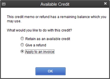 When you save a credit memo with available credit, QuickBooks displays this dialog box.To keep the credit around and apply it later (page 292)—to the next invoice you create for the customer, for example—choose “Retain as an available credit.” If you choose “Give a refund,” QuickBooks opens the Issue a Refund window so you can write the refund check.Don’t choose “Apply to an invoice” unless that customer has an open invoice you can apply the refund to.