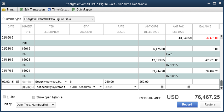 Because invoices, payments, and credits post to your Accounts Receivable account, statements automatically pull those transactions from your Accounts Receivable account’s register.To create statement charges for billable time, costs, or mileage, in the Accounts Receivable window’s toolbar, click Time/Costs.