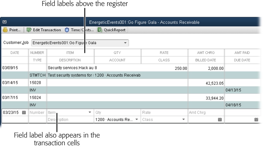 Labels for statement charge fields appear above the register in the Accounts Receivable register window.Each cell in a transaction row displays its field label in gray text until you click that cell to select it.