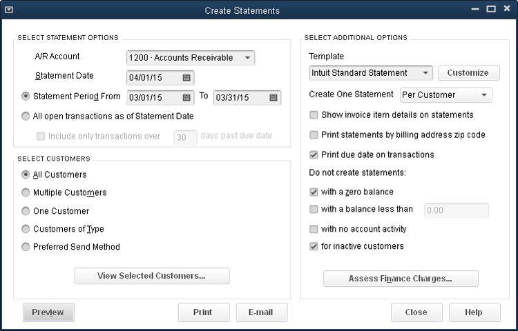 The options in the Select Customers section let you create statements for a subset of your customers, which comes in handy if you send statements to some customers by email and to some by U.S. mail, for example. In that case, you’d create two sets: one for email and the other for paper. You can also create a statement for a single customer if you made a mistake and want a corrected version. Or you can generate statements only for customers with balances.