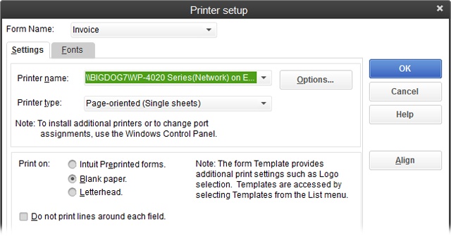 The printers that you’ve set up in your operating system are the ones that appear in the “Printer name” list here.QuickBooks starts out by displaying the printing preferences you set up in your operating system, but you can adjust them by choosing a printer and then clicking Options.