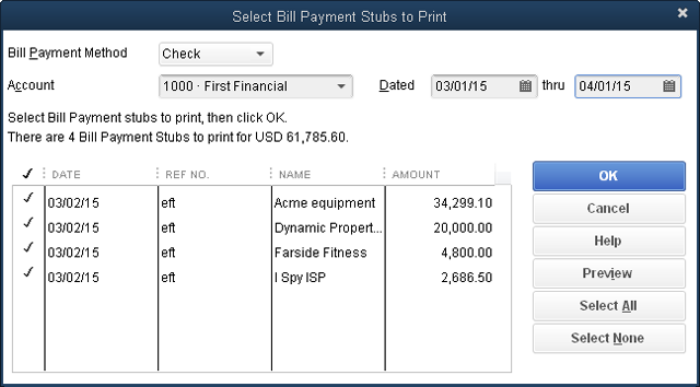 To remove any form from the batch, click its checkmark to turn it off. After you pay a bill, you can print a bill payment receipt: Choose File→Print Forms→Bill Payment Stubs to see the bill payment receipts that are ready to print.