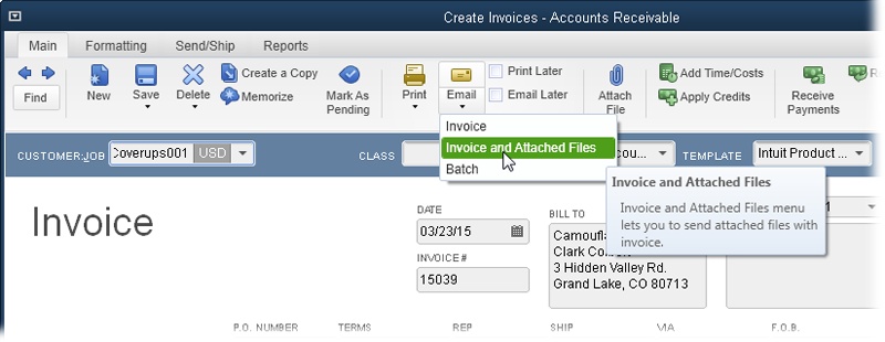 When you click the Email button, you can choose the form’s name (Invoice, in this example) to email the form that’s open in the window, or choose Batch to email all the forms in your to-be-emailed queue. Choose “[form] and Attached Files” to email the form and any files attached to it in QuickBooks.