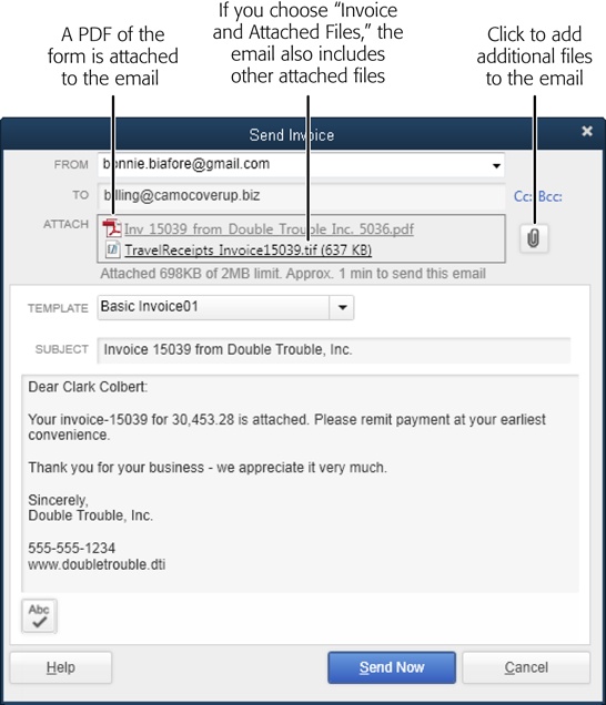 You send a QuickBooks-generated message just as you would an email you created in your email program. In Outlook, for example, simply click Send. When you email an invoice, QuickBooks attaches it to the email message as an Adobe PDF file.If you choose Email→“Invoice and Attached Files,” the invoice and any files attached to it in QuickBooks show up as attachments in the email message.
