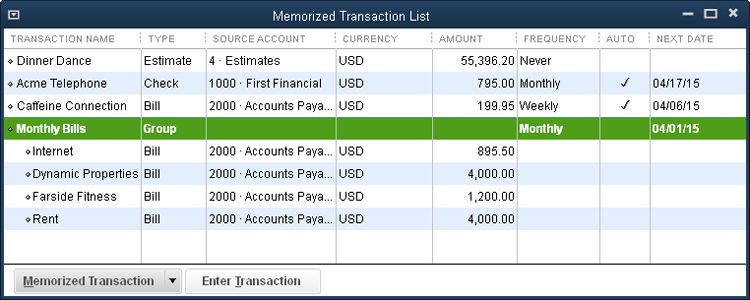 Memorized transactions take on the schedule and reminder settings of the memorized group you put them in. So if you edit a memorized transaction that belongs to a group, the How Often, Next Date, Number Remaining, and Days In Advance To Enter settings are grayed out.