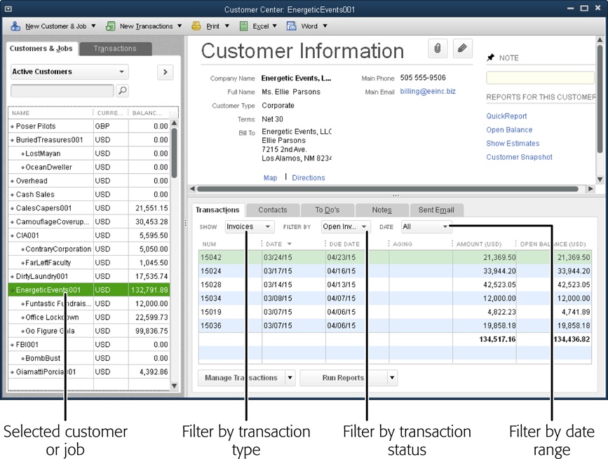 On the Transactions tab, as soon as you choose an entry in the Show, Filter By, or Date drop-down menu above the transaction list, QuickBooks changes the list to show only the transactions that meet all three criteria.Here QuickBooks is displaying open invoices for all dates.