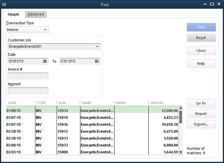 In the Find window, the label above the first field after Transaction Type changes to reflect the type you choose. For example, if you select Bill for the transaction type, the next field’s label changes to Vendor.The second-to-last field also varies depending on the transaction type; for example, it’s Invoice # for an invoice, Ref. No. for a bill, and P.O. No. for a purchase order.