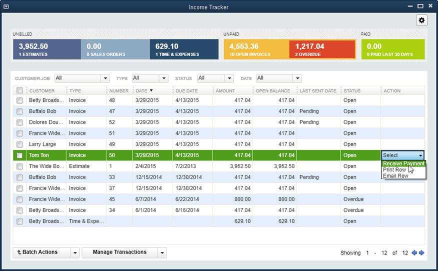 The panel at the top of the Income Tracker window provides an income overview. The table below it lists the transactions that make up the overall totals.You can filter the transaction table in different ways: by customer, transaction type, status, or date. You can even process transactions in this window, for example, receiving payment on an open invoice, as shown here.