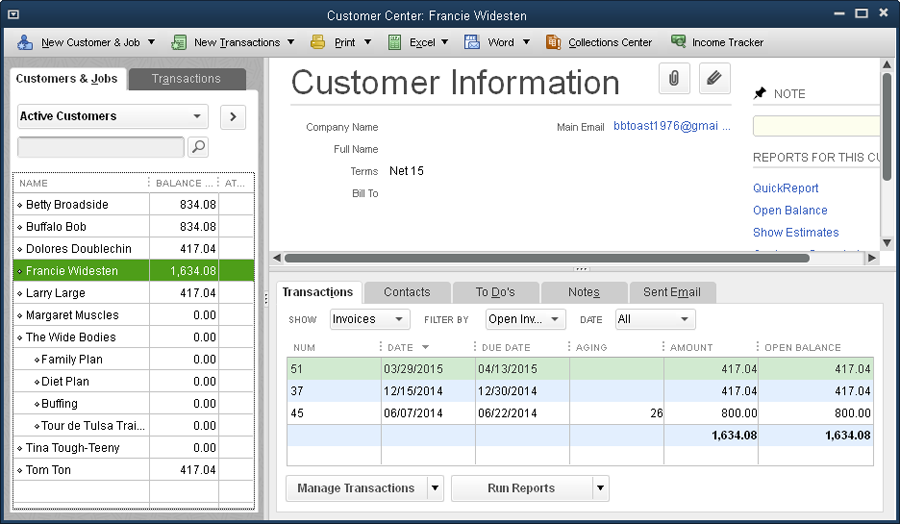 To see the transactions that make up a customer’s balance, select the customer on the Customers & Jobs tab. On the Transactions tab in the lower-right part of the window, in the Show drop-down list, choose Invoices; and in the tab’s Filter By drop-down list, choose Open Invoices, as shown here. A value in an invoice’s Aging cell indicates the number of days it’s past its due date.