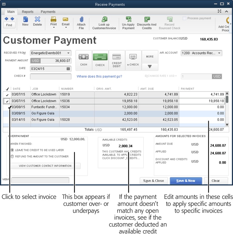 Sometimes, the amount your customer sends doesn’t match any combination of open invoices.If that’s the case, first see if the customer deducted an available credit (page 350) or early payment discount (page 353). Otherwise, you can edit the values in the Payment column to allocate the payment to those invoices. (The total has to match the total payment.)