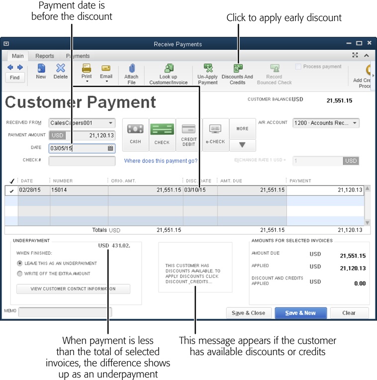 If the customer sent a payment that’s less than the invoice amount, you’ll see the difference as an underpayment, as shown here.Look below the unpaid invoice table for a message that says the customer has discounts or credits available, as unapplied discounts and credits might explain the difference between the payment and invoice amounts. If you see that message, click the Discounts And Credits button at the top of the window to apply the available discounts and credits.