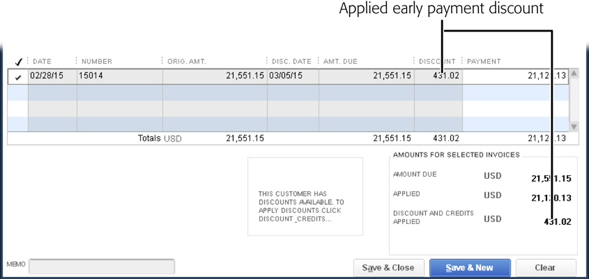 When you apply an early payment discount to an invoice, it appears in the Receive Payment window’s Discount cell, as shown here. The discount also contributes to the “Discount and Credits Applied” at the bottom of the window.