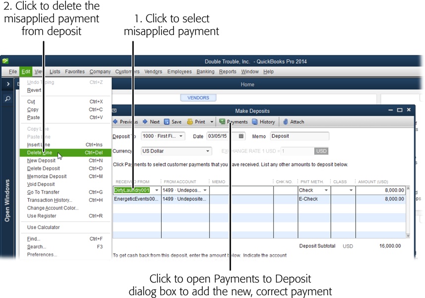 In the Make Deposit window’s toolbar, click Payments to open the “Payments to Deposit” window so you can add the new, correct payment to the deposit. Then, back in the Make Deposits window, delete the misapplied payment from the deposit by clicking anywhere in the payment’s row, and then, on the main QuickBooks menu bar, choosing Edit→Delete Line.