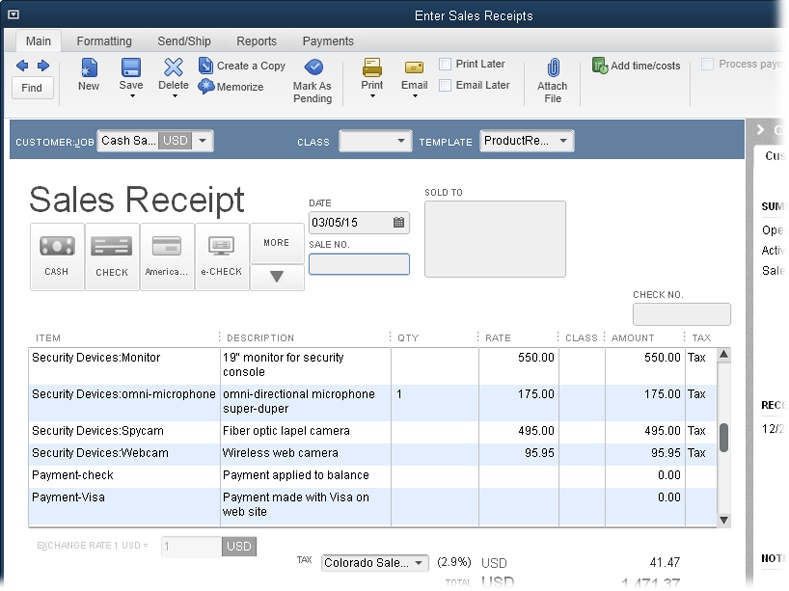 Add a Payment item for every form of payment you accept (American Express, Discover, debit cards, checks, and so on). Then, when you use the memorized transaction to record batch sales receipts, type a negative number for the amount charged to each type of payment. If the Total value doesn’t match the amount of your cash deposit, add an item for excess or short cash to make your bank deposit balance. (The next section explains how to use excess- and short-cash items.)