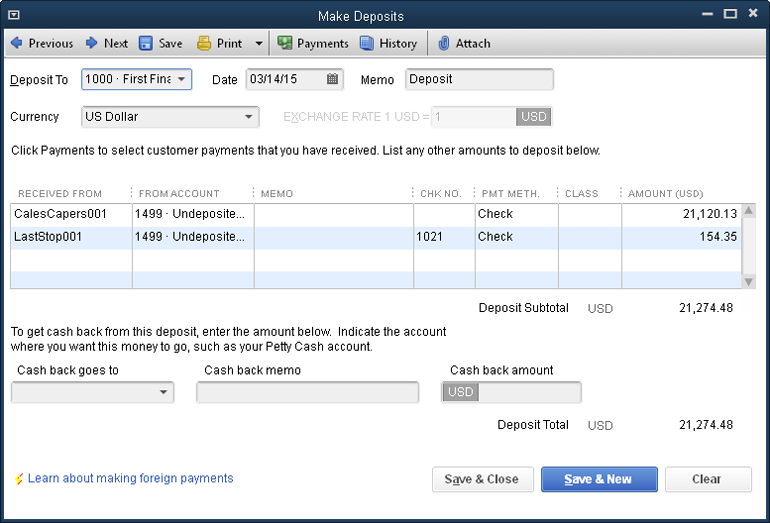 The Make Deposits window lets you specify the account into which you’re depositing funds, the date, and each payment in the deposit. If you’re in the habit of withdrawing some petty cash from your deposits, you can record that, too.To avoid bouncing checks, in the Date box, be sure to choose the date that you actually make the deposit.