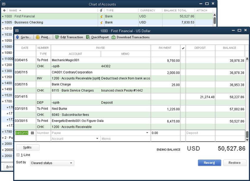 You can open a register window from the Chart of Accounts window by double-clicking any type of account that has a balance, including checking, savings, money market, and petty cash accounts. In fact, double-clicking opens the register for any account on your balance sheet (Accounts Receivable, Accounts Payable, Credit Card, Asset, Liability, and Equity accounts).