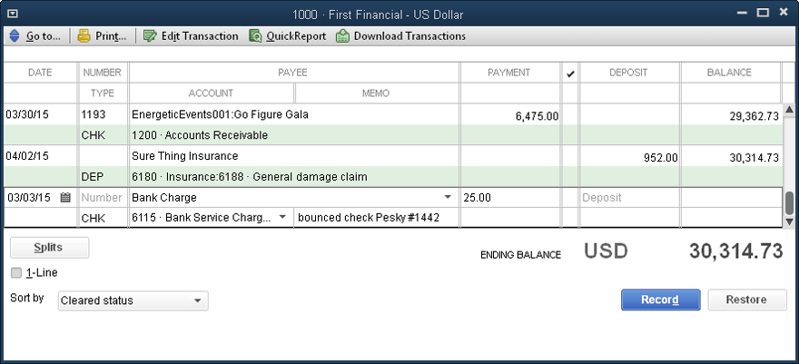 In the Memo cell, type a description of the bank charge, such as “bounced check charge,” “minimum balance charge,” the bounced check’s number, and so on.