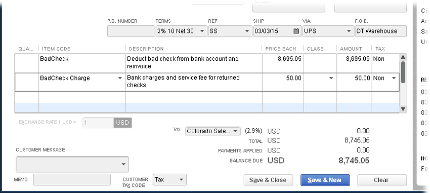 To re-invoice the customer for the amount of the bad check, in the first Item cell, choose your bounced-check item (BadCheck, in this example). In the Amount cell, type the bounced check’s amount. In the second item cell, choose the item you created for bounced-check charges. This item’s amount represents what the bank charged you and any additional service fee you charge.