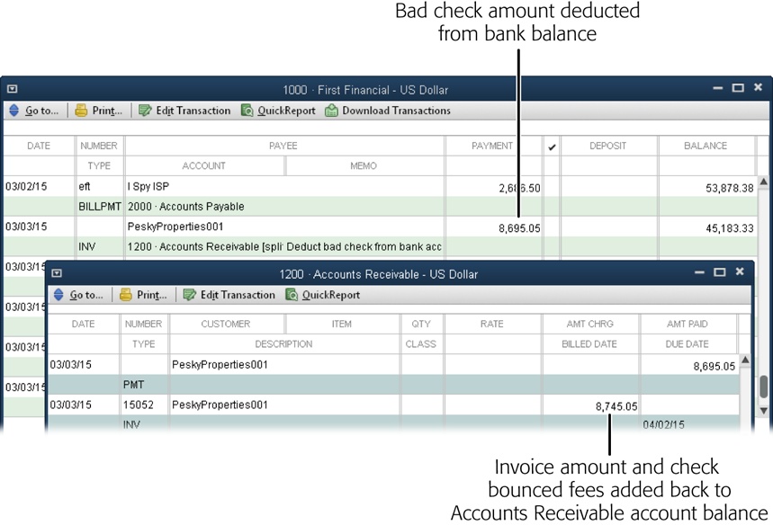 The item for a bounced check is linked to your bank account, so adding it to an invoice deducts the value of the bad check from your bank account’s balance (background).The new invoice adds the amount of the bounced check and service charges back into Accounts Receivable (foreground).