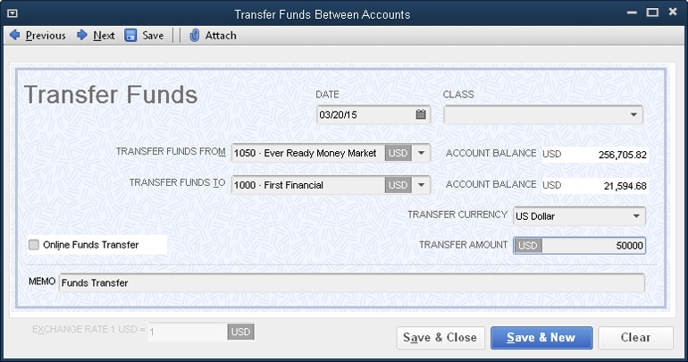 This window has one advantage over entering transfers in a bank account register: You can’t create a payment or deposit by mistake because you can’t save it here until you specify both the account that contains the money and the account into which you want to transfer the funds. Also, the Transfer Funds From and Transfer Funds To drop-down menus show only balance sheet accounts (bank, credit card, asset, liability, and equity).