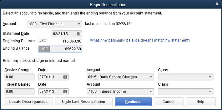 QuickBooks uses the ending balance from the previous reconciliation to fill in the beginning balance for this reconciliation. If the beginning balance here doesn’t match the beginning balance on your bank statement, click Cancel and turn to page 396 to learn how to correct the problem.